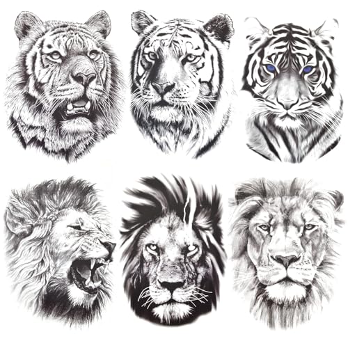 AIYONG 6 Blätter 3D Realistischer Tiger Löwe Temporäre Tattoos, Frauen Männer Wasserdicht Schmerzlos Fake Tattoo Aufkleber für Karosseri, Körperkunst Große Tätowierungsaufkleber Tiere Musterkits von AIYONG