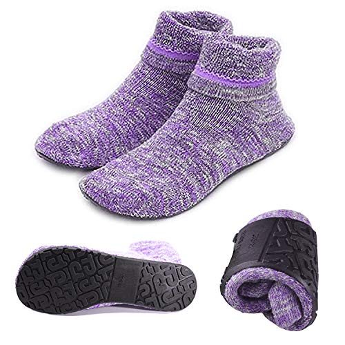 AIYUE Kuschelsocken mit ABS Sohle Damen Slipper Socken Hausschuhsocken mit Rutschfester Stoppersocken Wintersocken Haussocken Hüttensocken mit Anti Rutsch, dicke und dünne Socken, Lila, XL von AIYUE