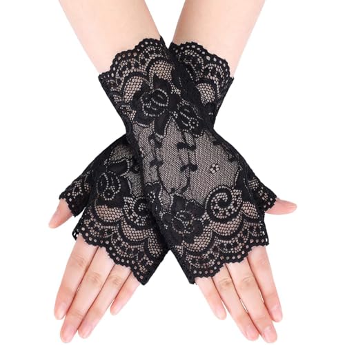 AIYVELU 1 Paar Damen Spitze Fingerlose Handschuhe Kurze Spitzenhandschuhe Schwarze Weiß Braut Hochzeits Handschuhe Abschlussball Teeparty Kostüm Zubehör von AIYVELU