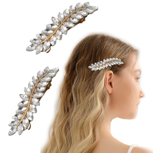 AIYVELU 2 Pcs Frauen Französisch Haarspangen, dünnes Haar, Kristall Hochzeit Haarspangen Silber Strass Haarspangen Clips funkelnde Braut Kopfbedeckungen für Frauen und Mädchen (Gold) von AIYVELU