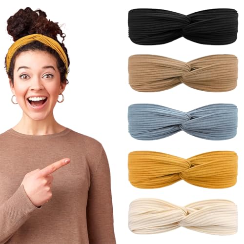 AIYVELU 5 Stück Stirnbänder, Frauen rutschfeste kurze Haare Yoga Training Laufen Sport elastische Haarbänder, dehnbare weiche böhmische Haarbänder, verdrehtes Haar Stirnband Mädchen Haarbänder von AIYVELU