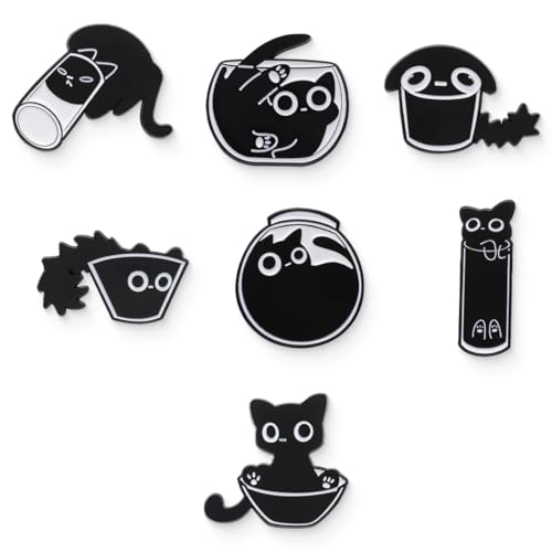 AIYVELU 7 Stück Katze Emaille Pin Set, schwarze Katze Emaille Pin für Frauen Mädchen, lustige Tier Emaille Brosche Anstecker, verspielte Katze Emaille Brosche Anstecker von AIYVELU