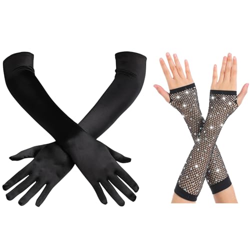 2 Paar Lange Schwarze Handschuhe, Lange Handschuhe Damen, Netzhandschuhe Schwarz, Elegant Seidenhandschuhe Classic Abendhandschuhe, für Halloweenkarneval Party Ball Opera Abschlussfeiern Hochzeiten von AIZHAZHA