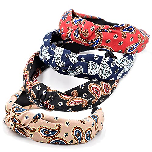 Boho-Stirnbänder für Frauen, 4er-Packung gemischte Stoffhaarbänder, breit, afrikanischer Druck, Knoten-Haarbänder, Damen, Vintage, Bandana, elastische Haar-Accessoires von AIZIYIN