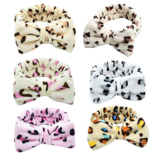 Makeup Stirnband Gesichtshaarband Schleife Knoten Spa Stirnband Koralle Fleece Kosmetikstirnband für Gesichtswäsche Hautpflege und Sport (6BowLeopard) von AIZIYIN