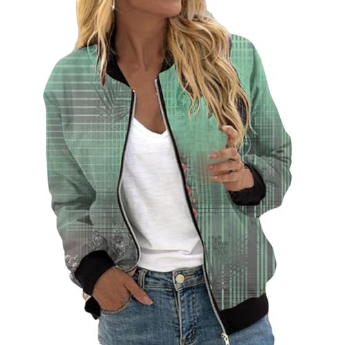 AIchenYW Damen Casual Langarm Pilotenjacke Langarm Fliegerjacke Leichte Coat Mode Übergangsjacke College Jacke Blouson Reißverschluss Bomberjacke Frühling Bomberjacke Blouson (Mint Green, L) von AIchenYW