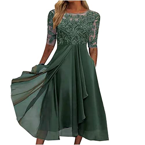 AIchenYW Damen Midi-Ärmel Chiffon Patchwork Spitze Abendkleid hohl Langes Kleid Brautjungfer Kleid Rundhalsausschnitt Kleider Elegant Festlich Blumen Kleid charmant Wickelkleid Frühling und Herbst von AIchenYW