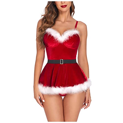 AIchenYW Damen Weihnachten Sexy Kostüme Dessous Spitze Nachtwäsche Kleid Rot Santa Cosplay Kostüm Weihnachtsfrauen BH und Höschen Weihnachts Dessous Sexy Bodysuit Negligee (Red, XL) von AIchenYW