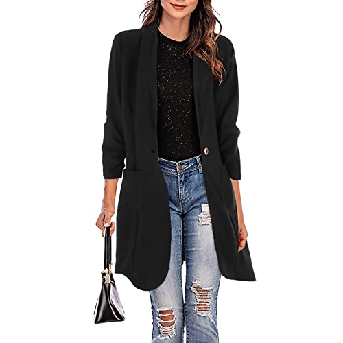 Damen Mäntel Mode Sakko Jacke Casual Pullover Longblazer Bequemlichkeit Basic Mäntel mit Tasche Einfarbig Regenjacke Longblazer Entspannt Business Jacke Casual Bluse Outwear Mäntel (Black, XXL) von AIchenYW