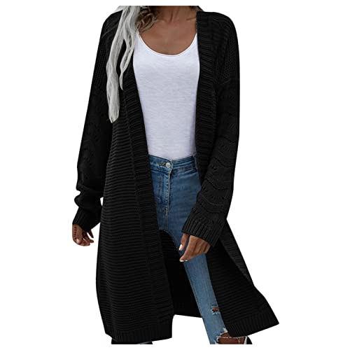 Damen Strickjacke Gestrickte Cardigan Lange Ärmel Gestrickt Strickjacke Knopfleiste Strickpullover Langen Mantel Jacke Tops Outwear Herbst Winter Cover Up Patchwork Longstrickjacke (Black, XL) von AIchenYW