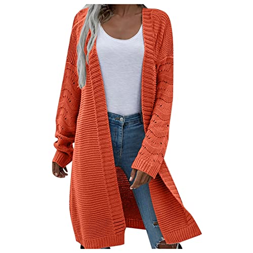 Damen Strickjacke Gestrickte Cardigan Lange Ärmel Gestrickt Strickjacke Knopfleiste Strickpullover Langen Mantel Jacke Tops Outwear Herbst Winter Cover Up Patchwork Longstrickjacke (Orange, M) von AIchenYW