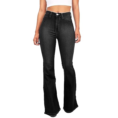 AIchenYW Hohe Hose, Taille, Damenbein, ausgestellt, Weite Jeans, Knopftasche, Damenjeans Cargo Hose Damen (E1-Black, M) von AIchenYW