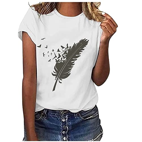 T Shirt Damen Kurzarm Weiss mit Feder Aufdruck Damen T-Shirt Mädchen Teenager Sommer Basic Shirt Kurzarm Tops Elegant Bluse Damen Kurzarm Tshirt Top Frauen Mode Motiv Rundhals Shirt Sommer Oberteile von AIchenYW