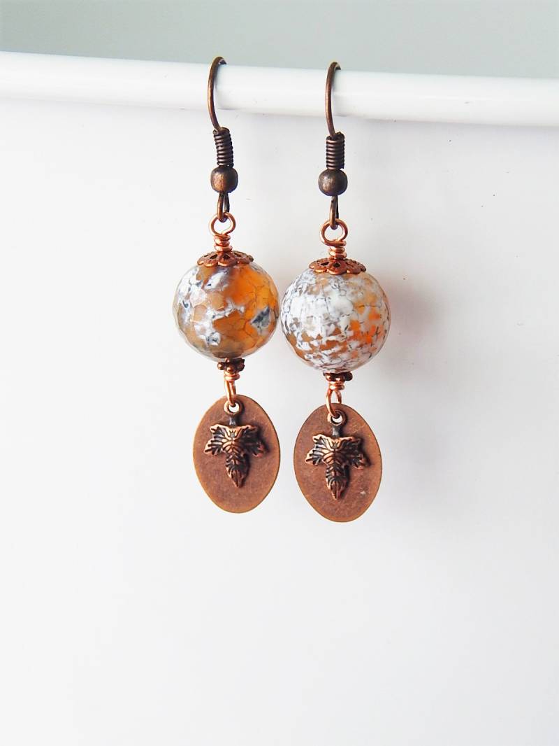 Boho Blatt Ohrringe - Facettierte Achat Und Kupfer Blätter Erdig Rustikal Waldig Inspiriert Von Der Natur Indie Boho von AJBcreations