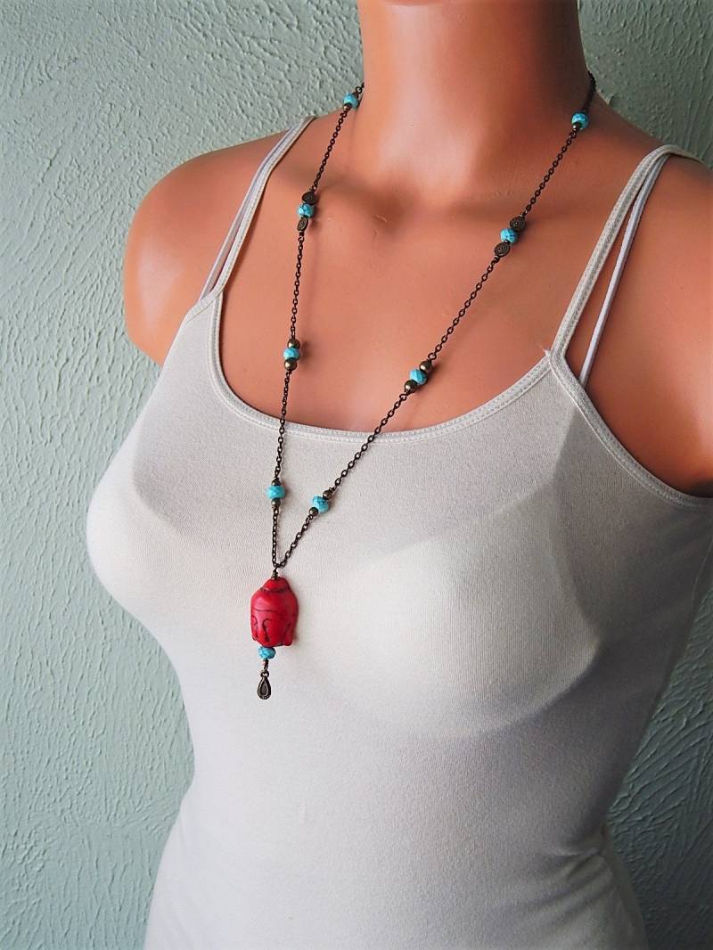 Buddha Halskette - Lange Perlenkette in Rot Und Türkis Südwestlichen Style Boho Schmuck Good Karma Lucky von AJBcreations