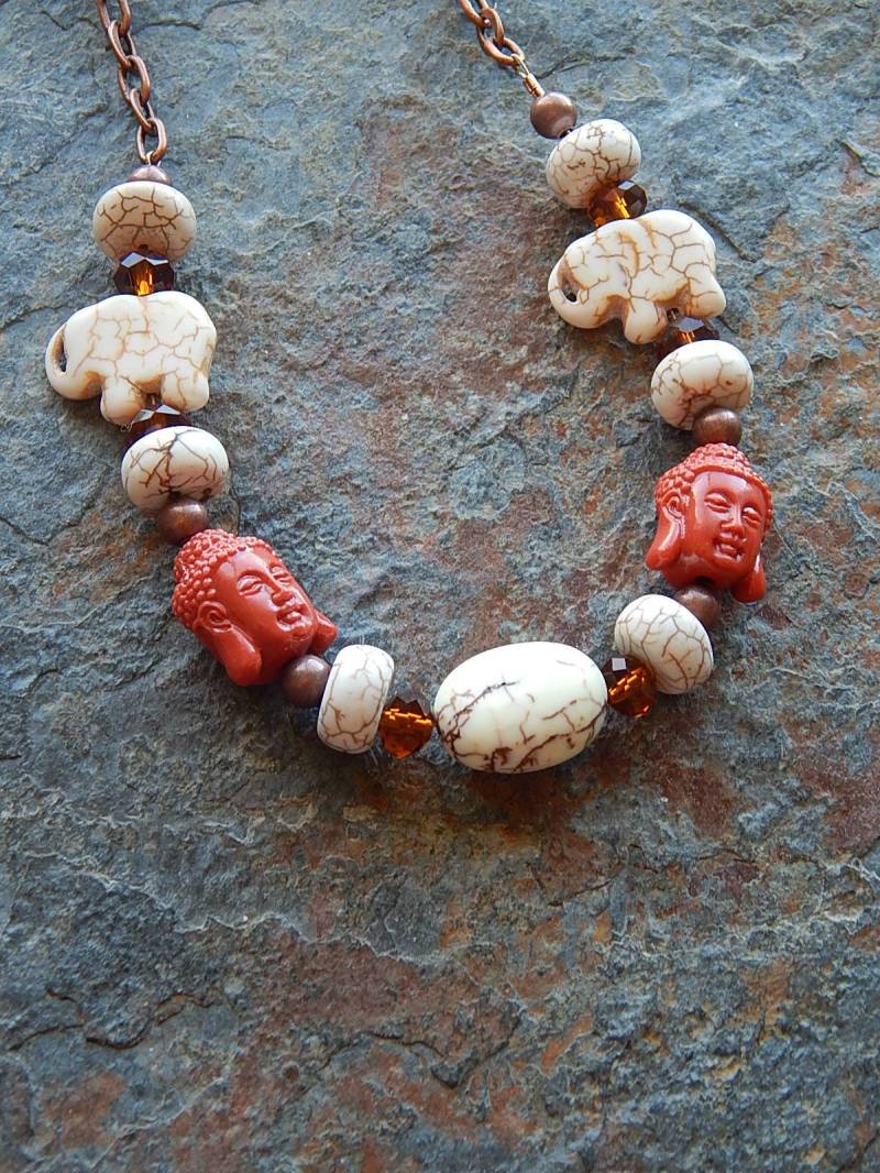 Elefant Kette - Braun Und Creme Stein Statement Buddha Boho Schmuck Style Good Karma von AJBcreations
