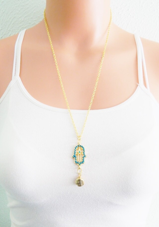Hamsa Kette - Hand Der Fatima Lange Anhänger Türkis Und Gold Schutz Boho Gutes Karma von AJBcreations