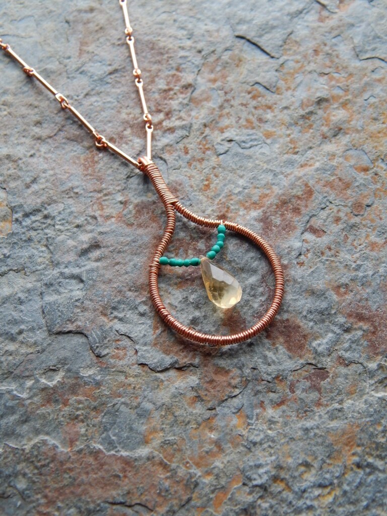Kupfer Und Citrin Halskette - Wire Wrapped Edelstein Anhänger Facettierte Tropfen November Birthstone Geschenk von AJBcreations