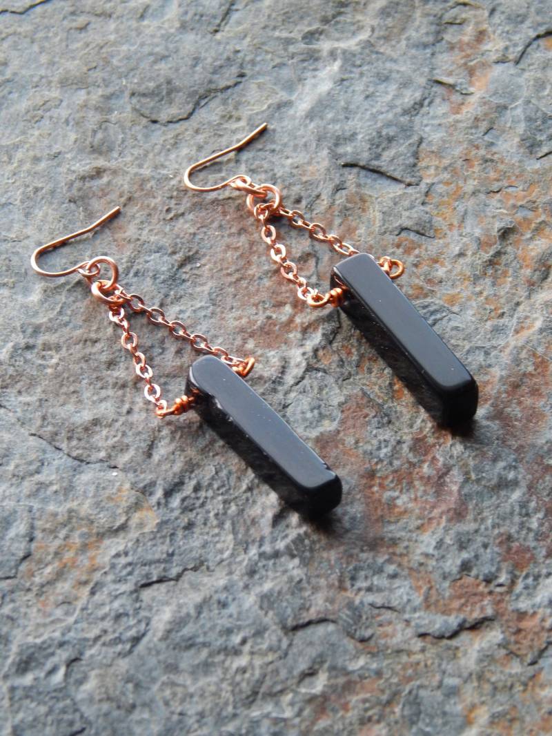 Schwarze Achat Ohrringe - Schwarze Gebänderte Und Kupfer Statement Stein Schmuck Rustikaler Boho Stil von AJBcreations