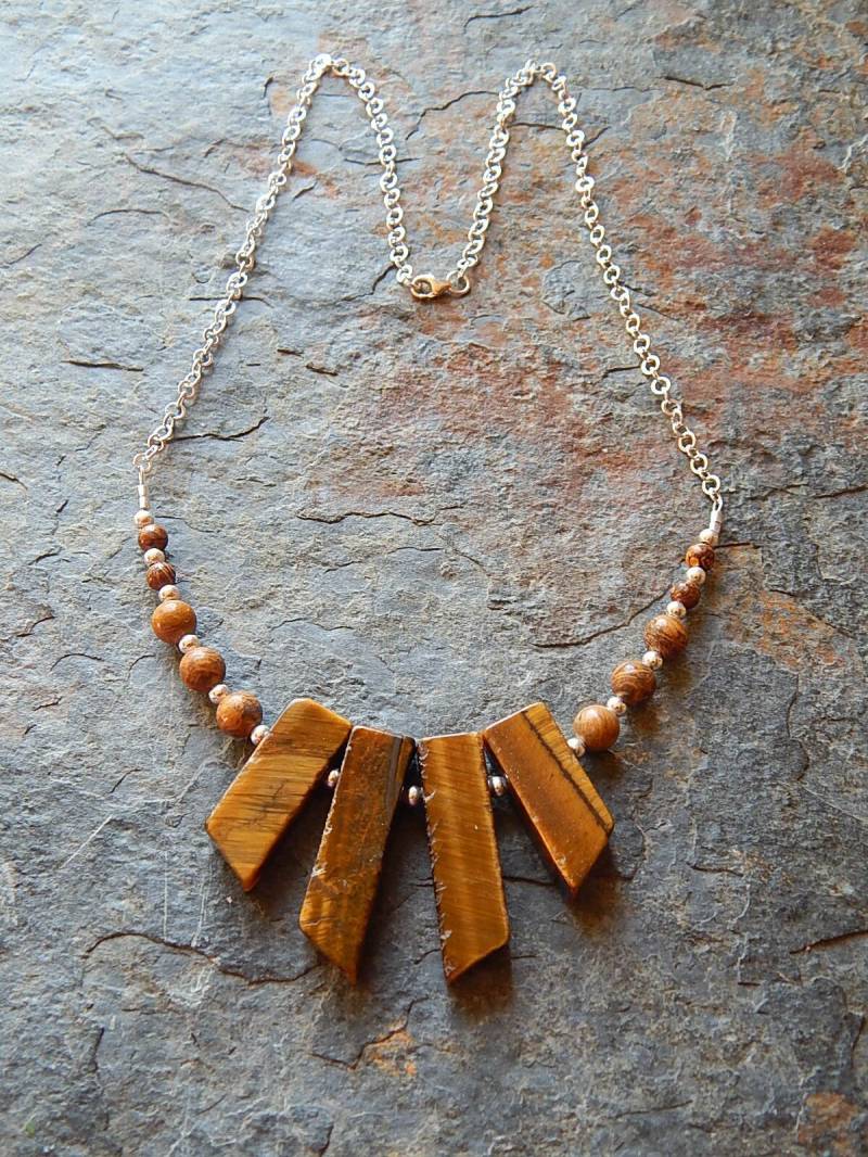Tigerauge Halskette - Goldbrauner Edelstein Und Sterling Silber Statement Kette Rustikaler Boho Stil Heilung Solarplexuschakra von AJBcreations