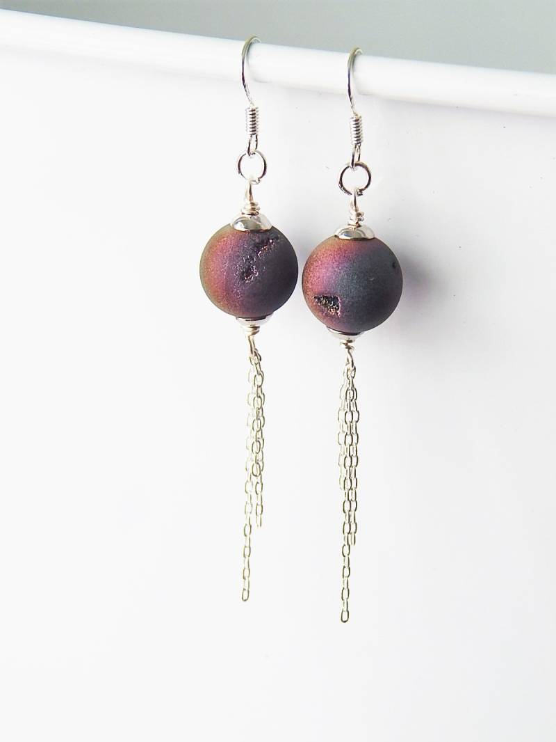 Titan Druzy Ohrringe - Regenbogen Feenstaub Drusy Und Sterling Silber Kette Moderner Edelstein Schmuck von AJBcreations