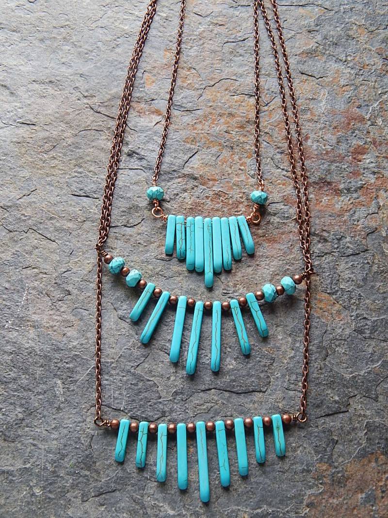 Türkis Abgestufte Steinhalsketten - Rustikale Layering-Fächerketten Antikes Kupfer Südwestlicher Stil Boho-Schmuck Boho von AJBcreations