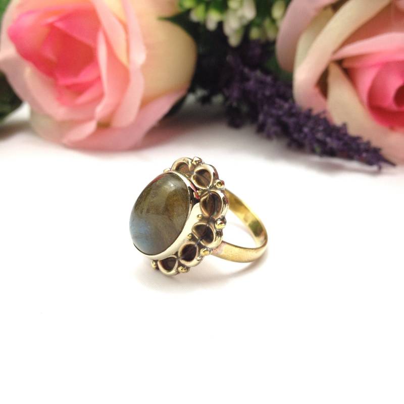 Natürliche Labradorit Edelstein Ring Größe N-M, Antikes Vergoldetes Messing Schmuck von AJFashionsStore