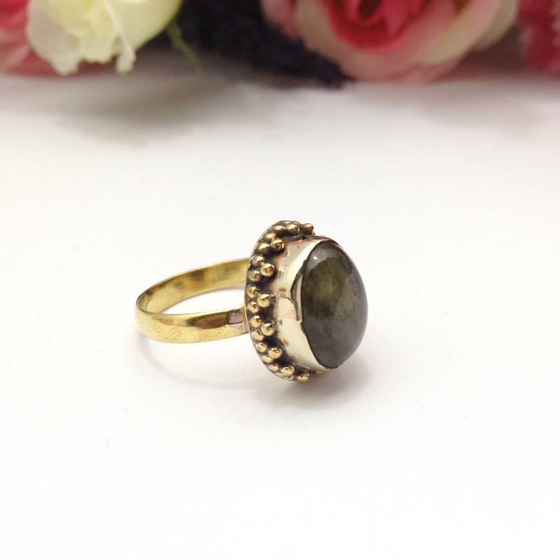 Natürliche Labradorit Edelstein Ring Größe R.1/2, Antikes Vergoldetes Messing Schmuck von AJFashionsStore