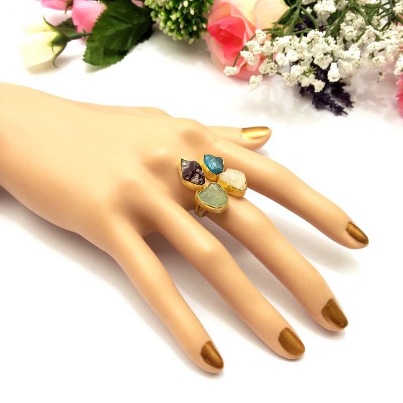Natürliche Rohedelstein Ring Verstellbar, Vergoldetes Messing Modeschmuck von AJFashionsStore