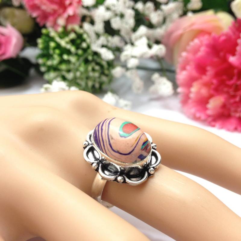 Vintage Regenbogen Jaspis Edelstein Ring Uk Größe R Silber Schmuck von AJFashionsStore