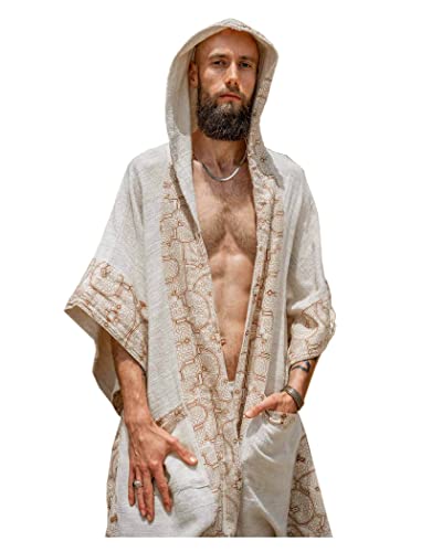 AJJAYA AYAWA Kapuzen-Kimono Beige Creme Cape Poncho Robe Shipibo Sacred Patterns Zeremonie Ritual Schamane Stammes-Schal Viking Festival Wrap von AJJAYA