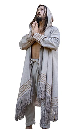 AJJAYA Jubba Beige Herren mit Kapuze mit Kapuze Langarm Poncho Jacke Festival Tribal Dystopian Apocalyptic Block Printed Steampunk Handmade Dune von AJJAYA