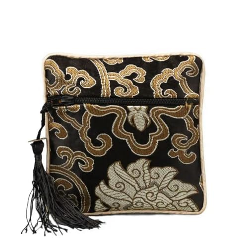 Chinesische quadratische Seiden-Schmuck-Organizer-Tasche, Reißverschluss, Stickerei, Blume, Reisetasche, Münzbörse, Verpackung, kleines Geschenk, Schwarz von AJOHBM