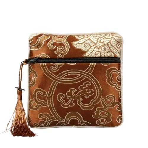 Chinesische quadratische Seiden-Schmuck-Organizer-Tasche, Reißverschluss, Stickerei, Blume, Reisetasche, Münzbörse, Verpackung, kleines Geschenk, braun von AJOHBM