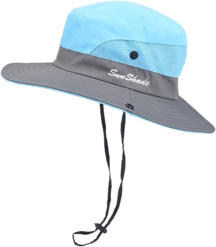 Kinder Fischerhut Mädchen Pferdeschwanz Kappe Mesh Loch Hut UV Schutz UPF 50+ Sommerhut Jungen Kleinkinder Sonnenhut Verstellbarer Hut mit breiter Krempe mit Kinnriemen Laufen Radfahren Wandern Mütze von HERUAI
