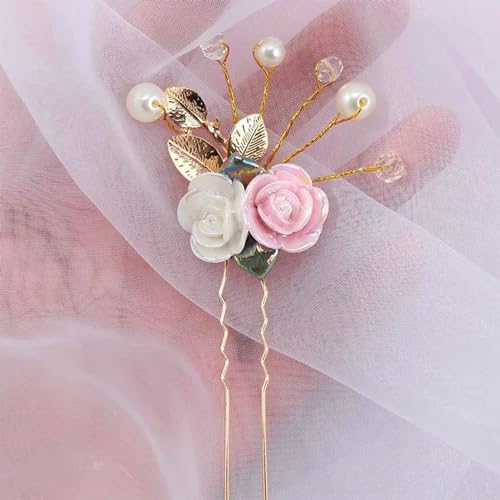 Weiße rosa Kristallkeramik Blume Blatt Haarspangen Antiker Stil Hanfu Zubehör Kleine Haarnadel Braut Hochzeit von AJOHBM