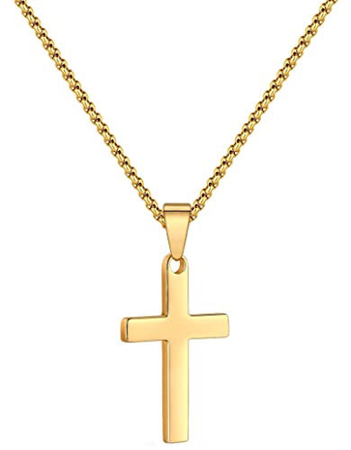 AJRUIER Kreuz Kette Halskette Damen Herren,Gold Groß Edelstahl Kreuz Kette Herren Kette mit Kreuz Anhänger Halskette Jesus Religiös Schmuck für Herren Anhänger（Gold 45cm） von AJRUIER