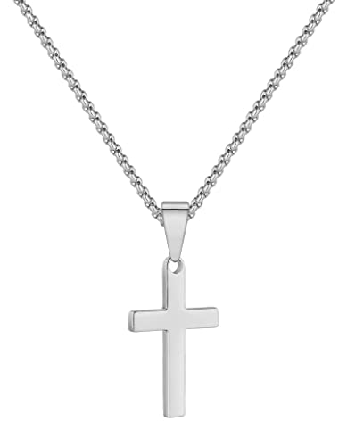 AJRUIER Kreuz Kette Halskette Damen Herren,Silber Klein Edelstahl Kreuz Kette Herren Kette mit Kreuz Anhänger Halskette Jesus Religiös Schmuck für Herren Anhänger（Silber 45cm） von AJRUIER