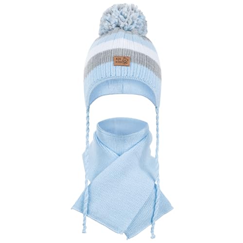 AJS Jungen Wintermütze + Schal Strick Baby Bommel 40-42 Baby 3-12 Monate, Farbe: Hellblau von AJS