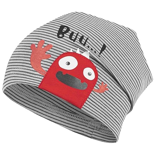 AJS Mütze Beanie Junge Kindermütze Übergangsmütze Monster Frühling Herbst Gr. 52-54, Farbe: Hellgrau-Rot von AJS