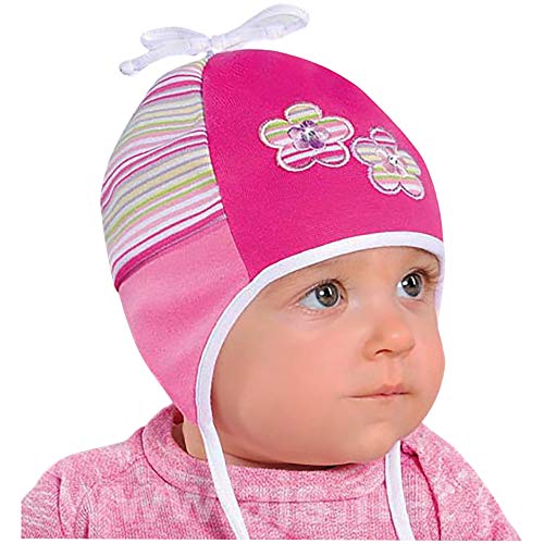 AJS Mütze Übergangsmütze Binde-Mütze Mädchen Baby Schleife Blumen Frühling Herbst, Farbe: Pink-Rosa, Größe: 48-50 von AJS
