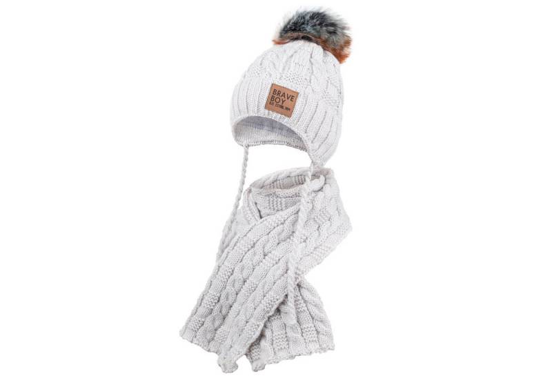 AJS Mütze & Schal Strickmütze Wintermütze Schal Winterset Bommel Bindemütze mit praktischen Bindebändern von AJS