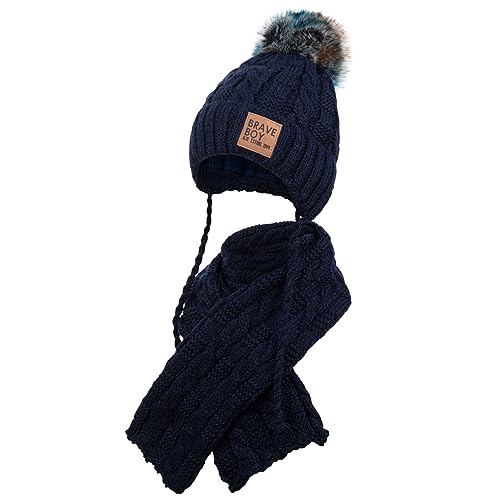 AJS Strickmütze Wintermütze Schal Junge Winterset Bommel Bindemütze, Farbe: Dunkelblau von AJS