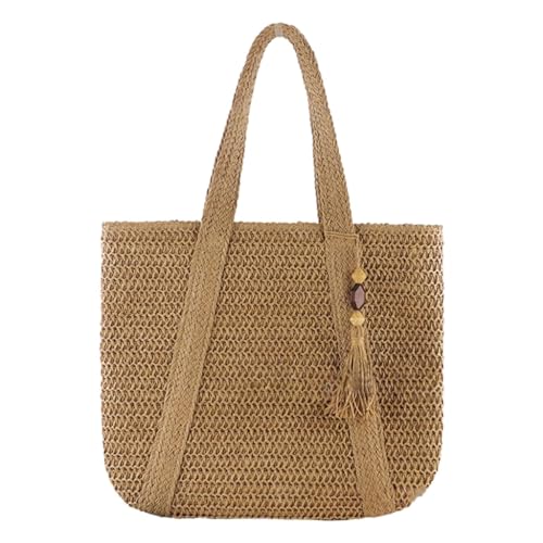 AJTUTUS Gewebte Umhängetasche, einfarbig, Handtasche, großes Fassungsvermögen, Strandtasche für Damen und Mädchen, modisch, trendig, Strohgewebe, hellbraun von AJTUTUS
