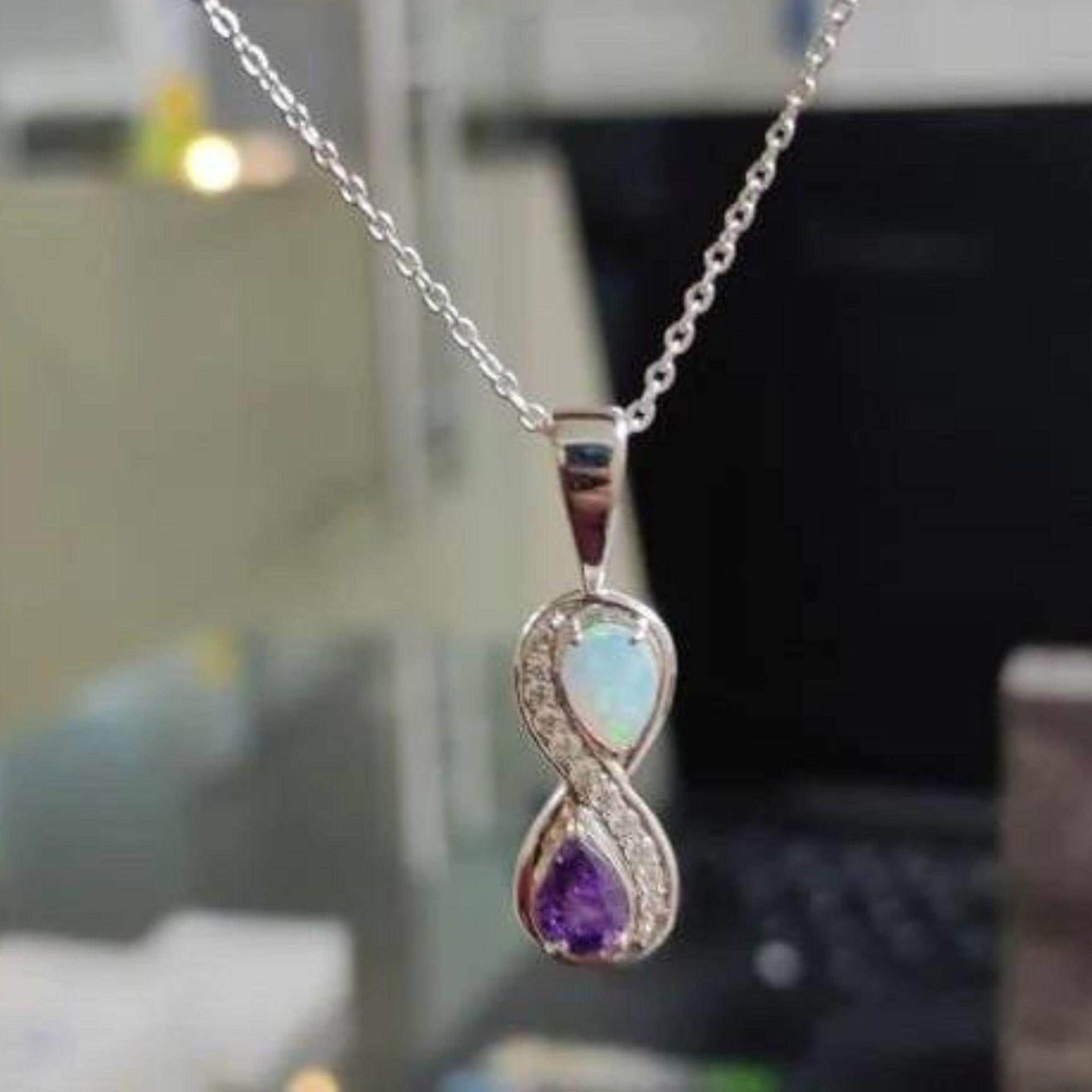 Opal Und Amethyst-Andenken-Unendlichkeits-Anhänger, 925 Sterlingsilber-Echtes Amethyst-Opal-Unendlichkeits-Birnen-Halskette von AJUKEnterprise79