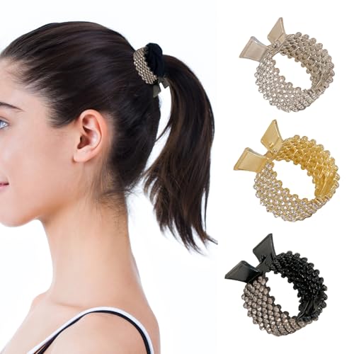 3 Stück Pferdeschwanz Haarspangen Damen,Haarspange,Pferdeschwanz,Haarspangen aus Metall mit Strass,Hair Clip,Mode Haarklammer Damen(Schwarz,Weiß,Gold) von AJUNLKVDR