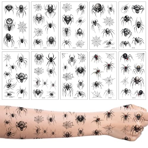 Halloween Tattoo Gesicht,Halloween Tattoo,Kinder Tattoos Spinnen,Spinne Sticker Damen,Hexe Make Up,Spinnennetz Gesichtstattoo Hexen,Kostüm für Schminke,Temporäre Aufkleber Erwachsene 10 Bogens von AJUNLKVDR