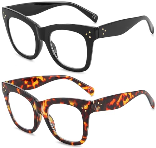 AJYADO Lesebrille Damen 3.0 + Katzenauge Brille Mit Licht Für Senioren Groß Blaulichtfilter Lesebeillen Lesehilfe 2-Pcs Schwarz Schildkröte von AJYADO