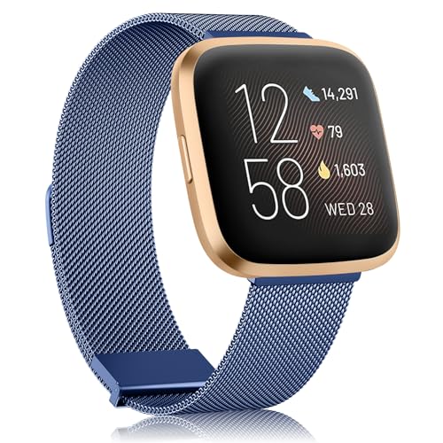 AK Armband Kompatibel mit Fitbit Versa 2/Fitbit Versa/Fitbit Versa Lite Armband, Edelstahl Metall Ersatzarmband mit Verbesserter Magnet für Damen Herren, Navy Blau von AK