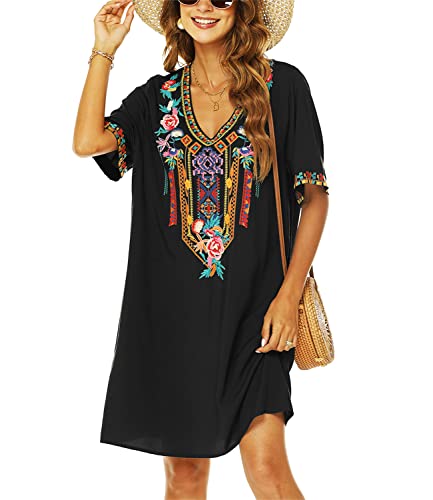 AK Damen Sommer Boho Mexikanisches Bauernkleid Casual Lose Kurzarm Floral Gestickt Flowy T-Shirt Sommerkleider, 446-schwarz, XX-Large von AK